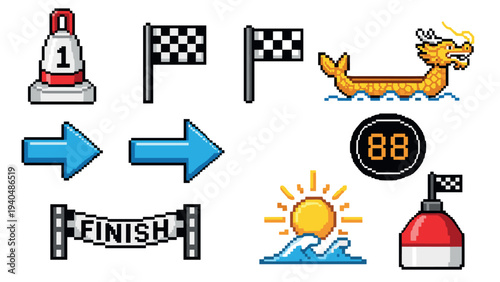 Pixel art icons: racing flags, dragon boat, sun, and arrow elements