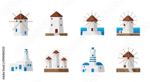 Charming coastal structures with greek island aesthetic on white background