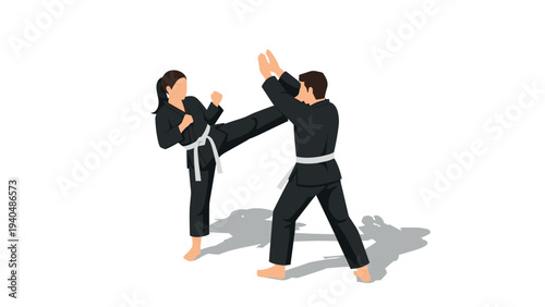 Martial arts training: pair practicing karate kicks in uniforms