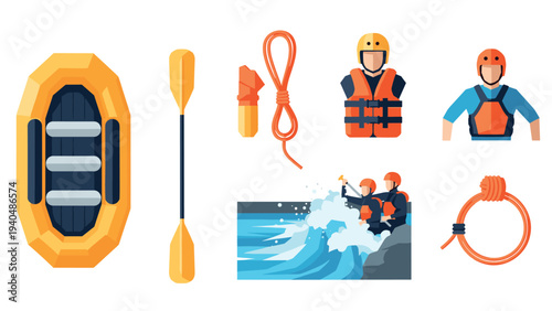 Set of outdoor adventure gear for water rafting - safety equipment and rafting icons