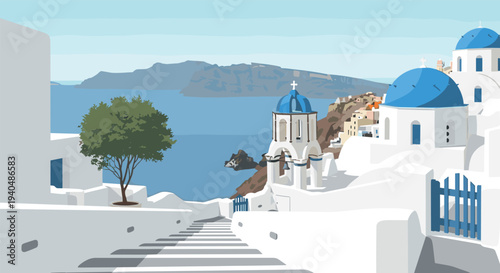 Scenic view of santorini's iconic white buildings and blue domes by the sea
