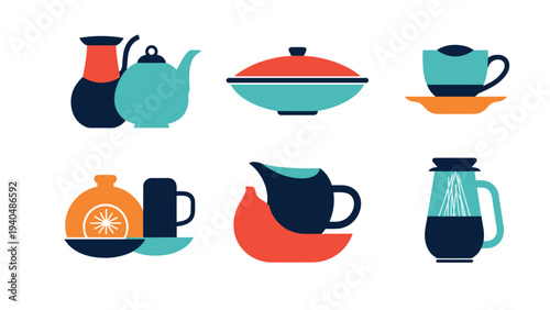 Modern flat design of tea and coffee pots set in bold colors