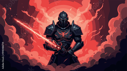 Dark armored warrior with fiery sword in dynamic cartoon style