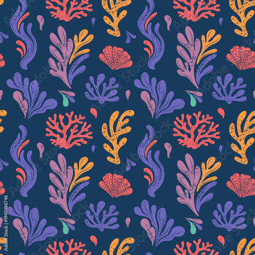 Underwater seamless pattern with seaweed, corals and ocean plants. Marine background with soft texture.