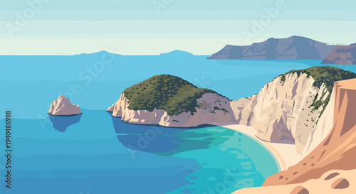 Coastal landscape with cliff and blue ocean in minimalist style