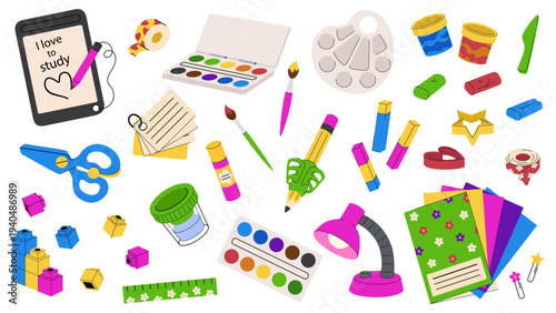 Back to school set. Preschool and elementary school educational vector set. Kids learning tools, art supplies, and school stationery collection for kindergarten and primary students.