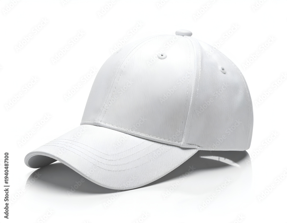 Fototapeta premium A clean white baseball cap with a curved brim, isolated