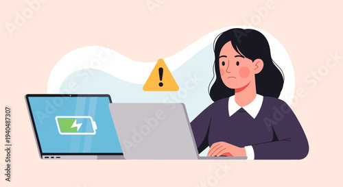Digital illustration of a woman with a concerned expression, looking at a laptop screen displaying a charging battery icon and a yellow warning triangle symbol, indicating a technical or power issue.