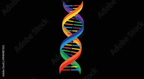 Colorful DNA helix structure with rainbow colors on black background, symbolizing science, genetics, and diversity.