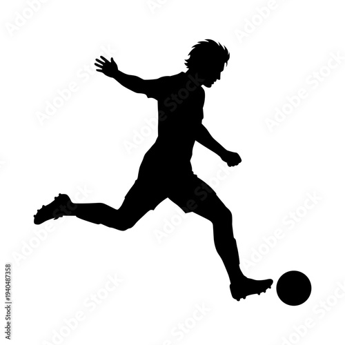 Soccer player silhouette illustration. Football player kicking the ball. Clipart isolated on white background.
