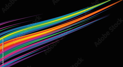 Abstract rainbow streaks of light flowing diagonally across a black background, vibrant colors, dynamic motion