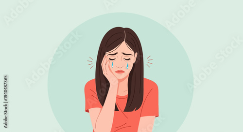 Vector illustration of a sad young woman crying with tears, holding her cheek, depicting emotional pain, depression, stress, anxiety, or grief on a simple background.