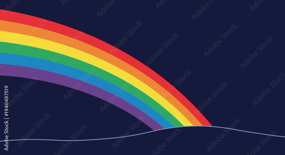 Fototapeta premium Vibrant rainbow arc against a dark blue background with a subtle horizon line, symbolizing hope and nature's beauty.