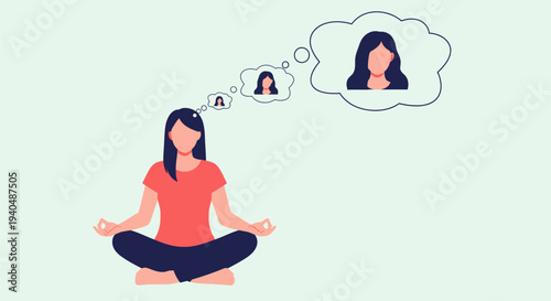 Vector illustration of a woman meditating in lotus pose, with thought bubbles above her head showing smaller representations of herself, depicting self-reflection or mindfulness.