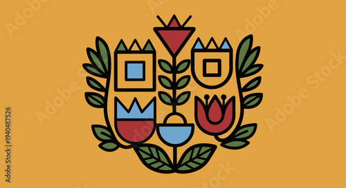 Colorful Floral Emblem with Leaves and Shapes.