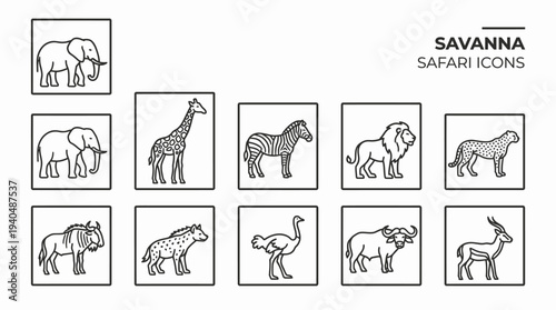 Collection of animal icons featuring savanna wildlife in a simple line art style