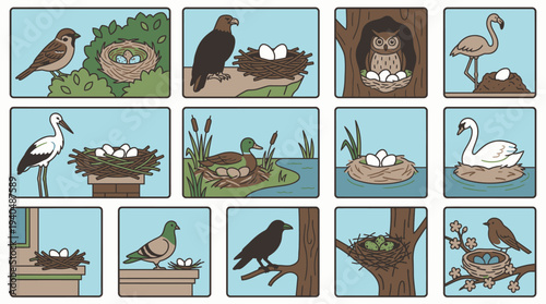 Various bird species in nests with eggs in different environments and settings