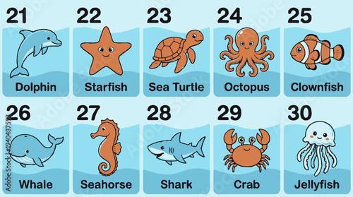 A diverse array of marine life including Dolphin, Octopus, and Jellyfish in the ocean from a top view