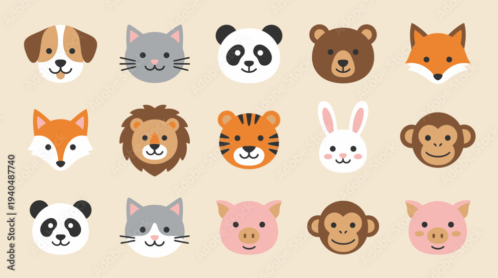 Obraz premium Collection of cartoon animal faces arranged in a grid pattern on a neutral background