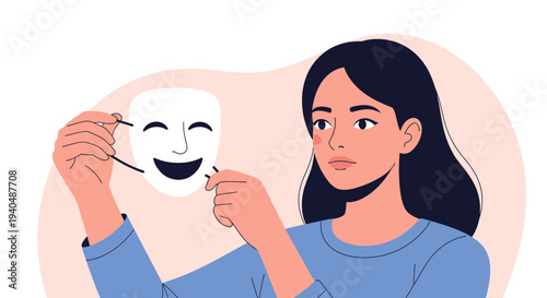 Vector illustration of a young woman holding a white smiling theatrical mask, exposing her own neutral facial expression; depicting concepts of true self and hidden emotions.