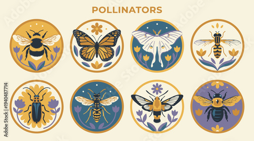 A collection of circular icons featuring various pollinators including bees and butterflies in different styles and colors