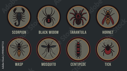 Collection of various poisonous arachnids and insects in circular icons on a dark background viewed from directly above