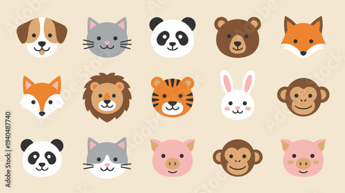 Collection of cartoon animal faces arranged in a grid pattern on a neutral background