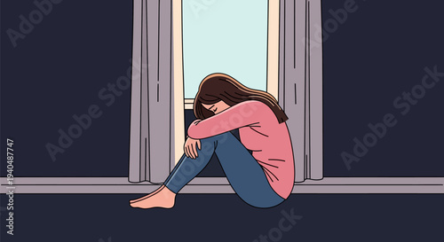 Vector illustration of a sad woman sitting alone in a dimly lit room by a window, head resting on her knees, portraying loneliness, depression, and mental health struggles.