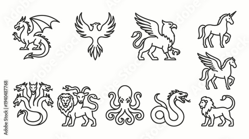 Collection of mythical creatures including dragons, phoenix, and griffins in a simple line art style
