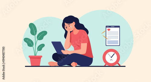 Vector flat illustration of a young woman experiencing sadness, crying while holding a digital tablet, accompanied by a document showing a broken heart and a sad alarm clock.