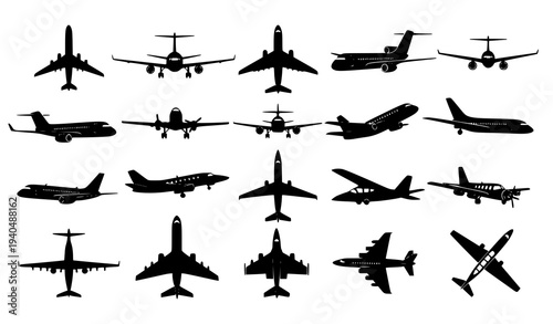 Airplane Silhouette Vector Set with Commercial Jet Fighter Plane and Aircraft Icons for Aviation Design