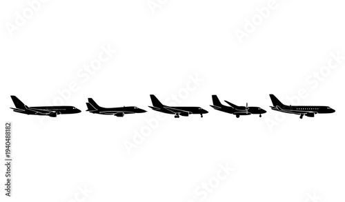 Aircraft Silhouette Collection Featuring Passenger Plane Fighter Jet Cargo Aircraft and Private Jet Vector Set