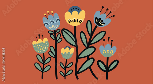 Colorful Cartoon Flowers with Green Leaves.