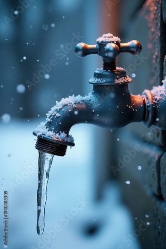 Close-up of frozen faucet with icicles hanging from the pipe, frosty surface, frozen tap