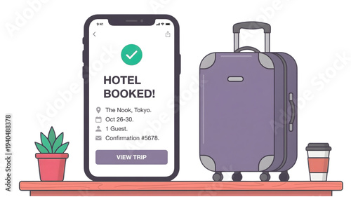Traveler booking hotel room on smartphone with luggage