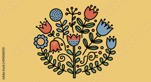 Colorful Floral Illustration with Tulips and Leaves.