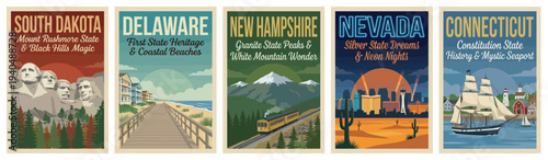 Vintage usa travel poster set. Including south dakota rushmore, delaware beach, new hampshire, nevada las vegas, and connecticut. Retro vector illustration.