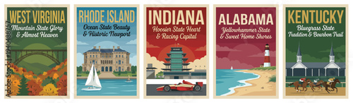 Vintage usa travel poster set. Including west virginia bridge, rhode island mansion, indiana racing, alabama coast, and kentucky. Retro vector illustration.