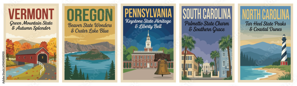 Fototapeta premium Vintage usa travel poster set. Including vermont bridge, oregon crater lake, pennsylvania hall, south carolina, and north carolina. Retro vector illustration.