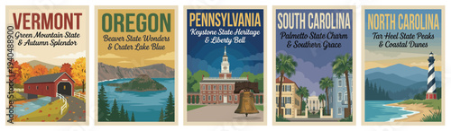 Vintage usa travel poster set. Including vermont bridge, oregon crater lake, pennsylvania hall, south carolina, and north carolina. Retro vector illustration.