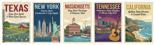 Vintage usa travel poster set. Including texas lone star, new york city, massachusetts, tennessee music, and california. Retro vector illustration.