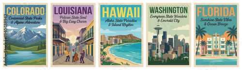 Vintage usa travel poster set. Including colorado peaks, louisiana charm, hawaii paradise, washington, and florida coast. Retro vector illustration.