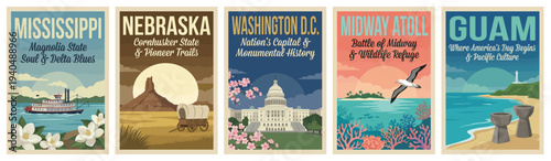 Vintage usa travel poster set. Including mississippi delta, nebraska trails, washington dc capitol, midway atoll, and guam. Retro vector illustration.