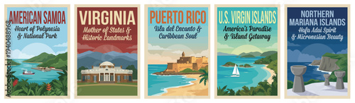 Vintage usa travel poster set. Including american samoa, virginia, puerto rico, us virgin islands, and northern mariana islands. Retro vector illustration.