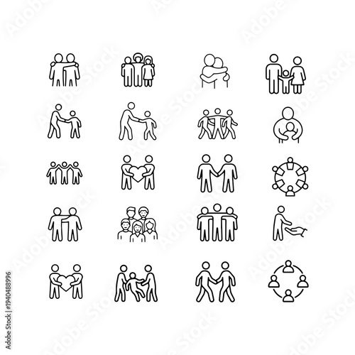 Community, family, and friendship line icon set. Vector symbols of teamwork, support, unity, and care.