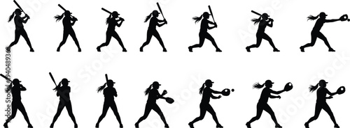 Baseball player silhouettes set, softball athletes batting catching throwing sport action icons team game vector illustration collection