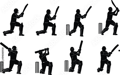 Cricket player silhouettes set, batsman batting sport action poses cricket game athlete vector illustration collection