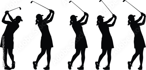 Female golfer swing silhouette sequence, woman golf player action poses, professional golf sport movement, isolated athlete silhouette illustration