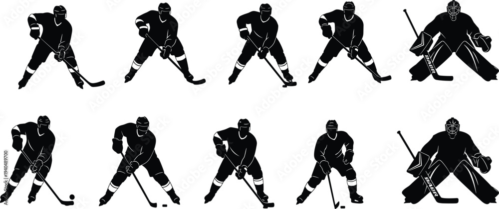 Obraz premium Ice hockey players silhouette set, hockey athlete skating shooting goalie defending sport action icons winter team game vector