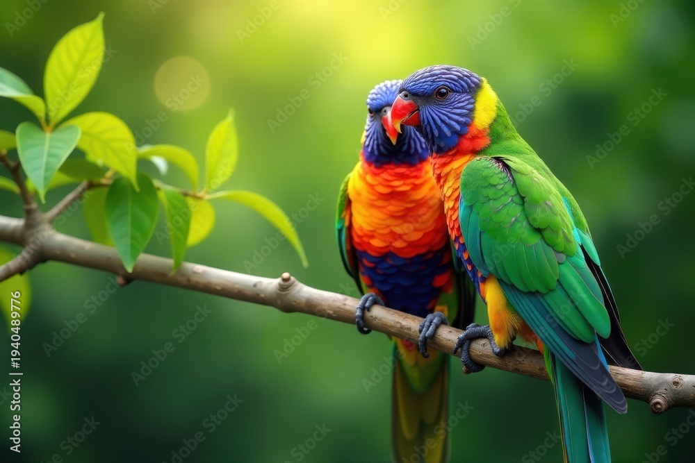 Obraz premium Colorful birds perched on a branch in harmony with nature, branch, birds